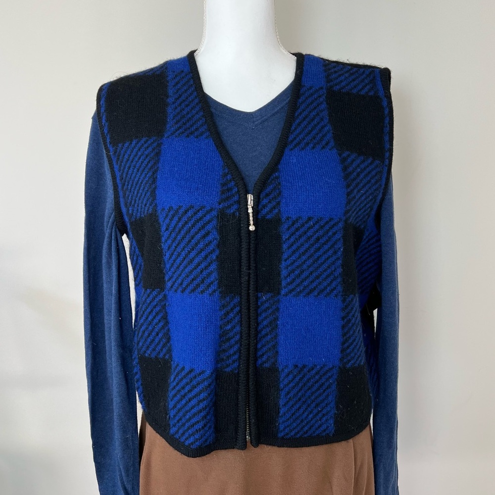 Herman Geist 100% Wool 1980-90s Checkered‎ Blue & Black Zip-Up Sweater Vest 💙♠️